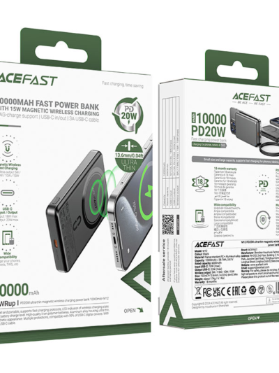 ACEFAST M12-10000 PD20W ULTRA-THIN MAGNETIC WIRELESS CHARGING POWER BANK BLACK